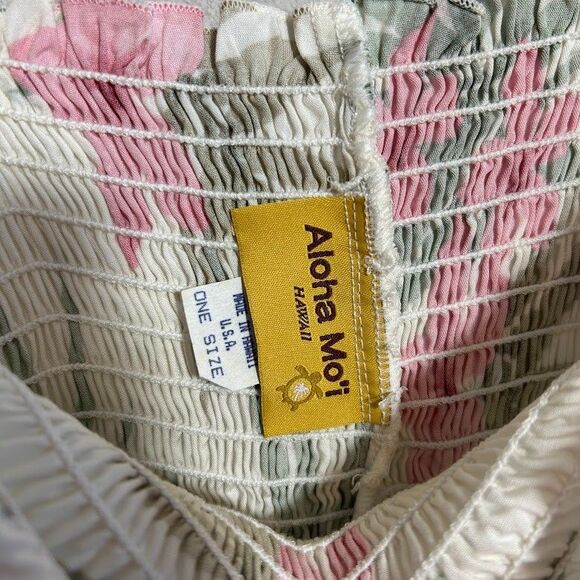 Aloha Moi Hawaii Maxi Dress One Size White Pink Floral Smocked Spaghetti Strap - Picture 6 of 7